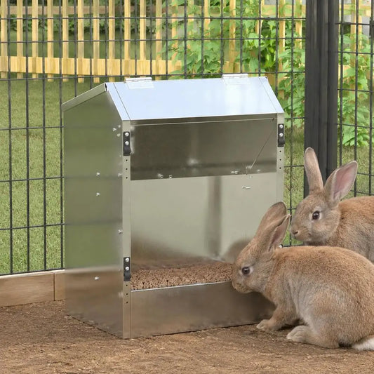 33.5x25.5x45.5 Cm Rabbit Feeder, Galvanized Steel Automatic Food Dispenser, Easy To Clean Large Capacity, Indoor Outdoor Use, Silver