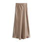 KONDALA Vintage Satin Solid Long Skirts Women High Waist Elastic Silky Skirts Fashion 2025 Spring Elegant Straight Skirts