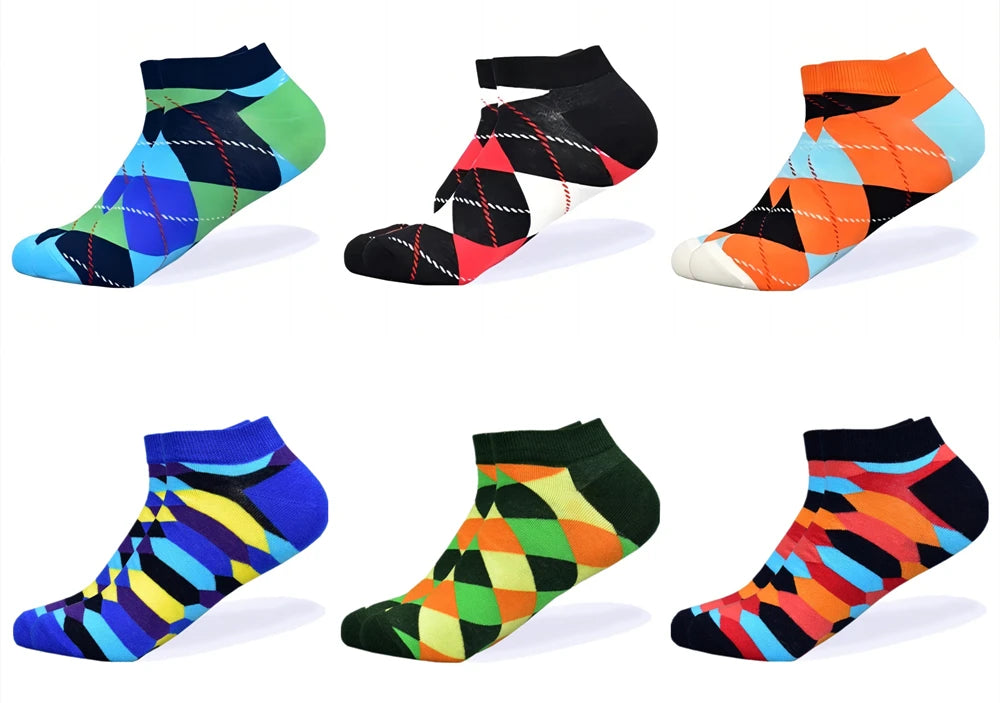 6 Pairs Men Novelty Fashion Colorful Casual Ankle Short Socks Harajuku Grid Space Cotton Happy Funny  Men Women Socks