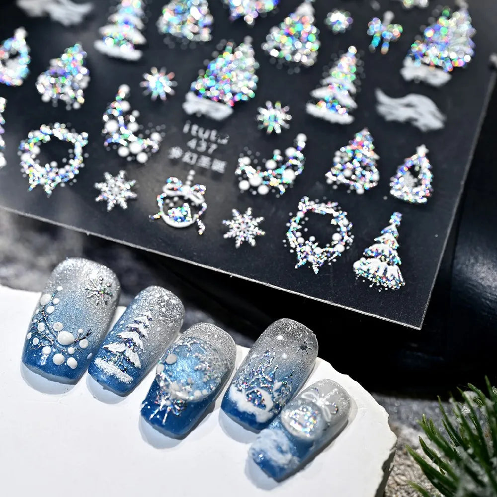 5D Embossed Gold Castle/Garland/Christmas Tree Nail Stickers White Snowflakes Bow Star Nail Decals Self-Adhesive Xmas Nail Decor