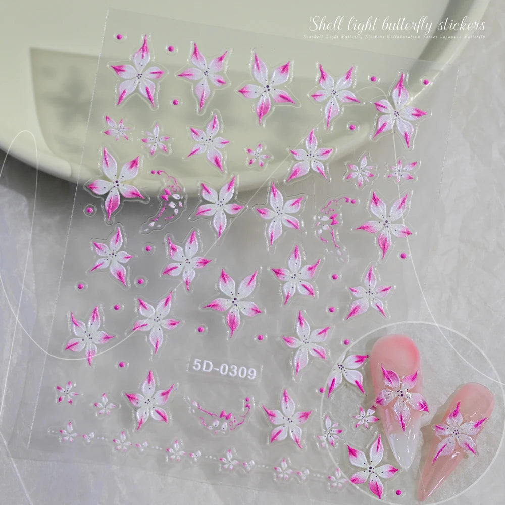 5D Hibiscus Flower Nail Embossed Sticker Acrylic Pink White Gold Petal Leaf Adhesive Decal Butterfly Dragon Floral Elegant Decor