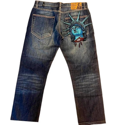 Harajuku Angel wings Embroidery Jeans Casual Denim Pants High Waist Straight Wide Leg Jeans Vintage Y2k 2000s Women Clothing