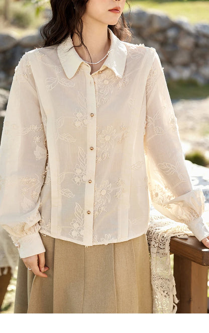 MISHOW 100Cotton Embroidered Jacquard Shirt for Women Spring 2025 Long Sleeved Loose Top Lapel Single Breasted Shirts MXE12C0391