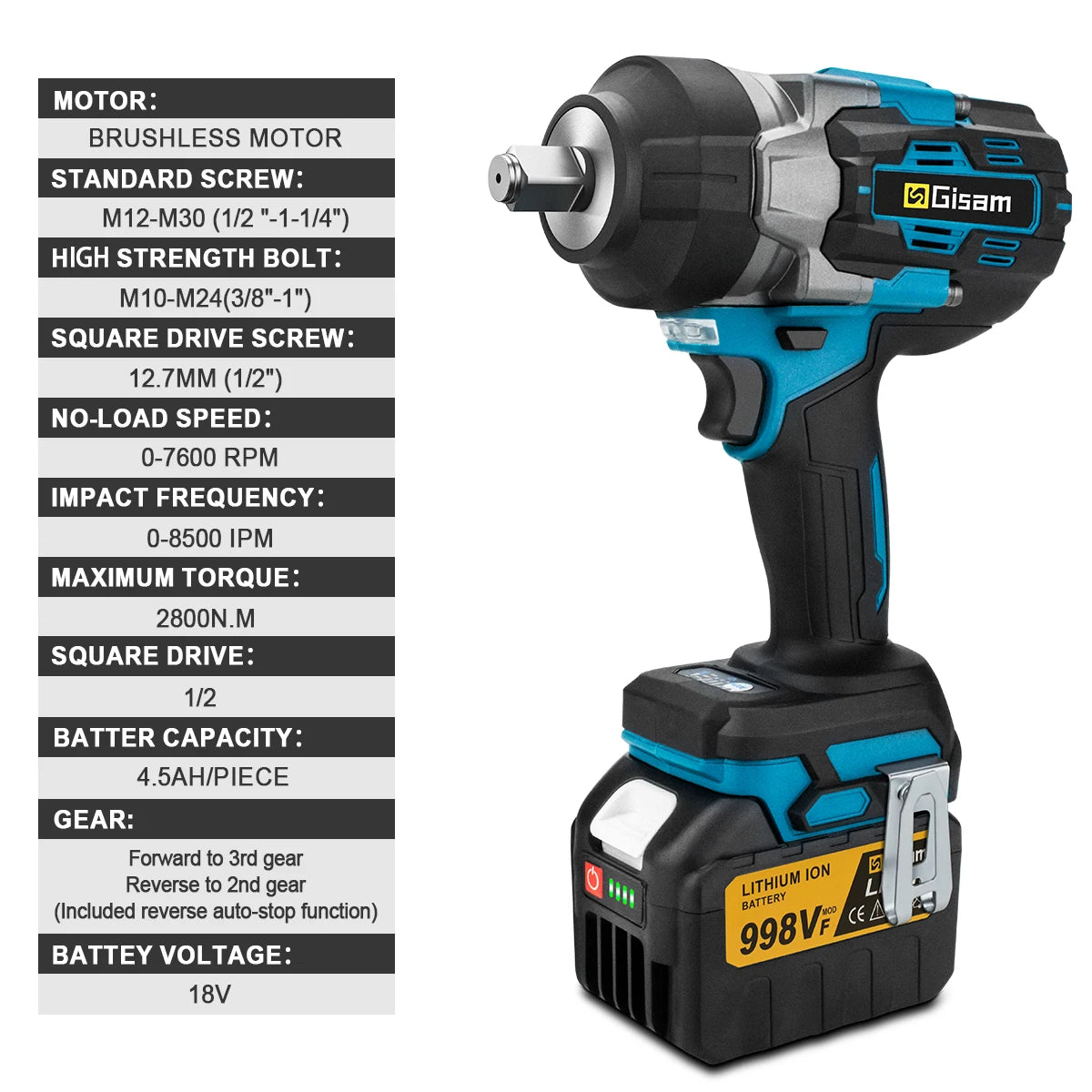 Gisam 2800N.M Torque Brushless Electric Impact Wrench 1/2 inch Screwdriver Cordless Wrench Power Tool For Makita 18V Battery Pin