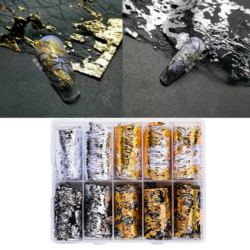 10 Patterns New Metal Nail Foils for Transfer Paper Stickers Floral Chameleon Nails Wraps DIY Water Marble Nail Art Decorations