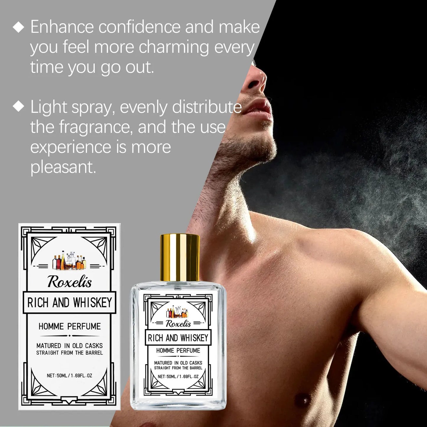 Roxelis Whiskey Scent Perfume Exude Elegance Lasting Charm Boost Confidence Light Fragrance Level Fragrance Spray for Men 50ml