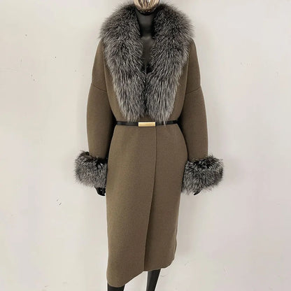 Long Knitwear Coat Women Warm Belt Real Fox Fur Jacket Female 2024 New Autumn Winter Kintted Natural Fur Coat Women