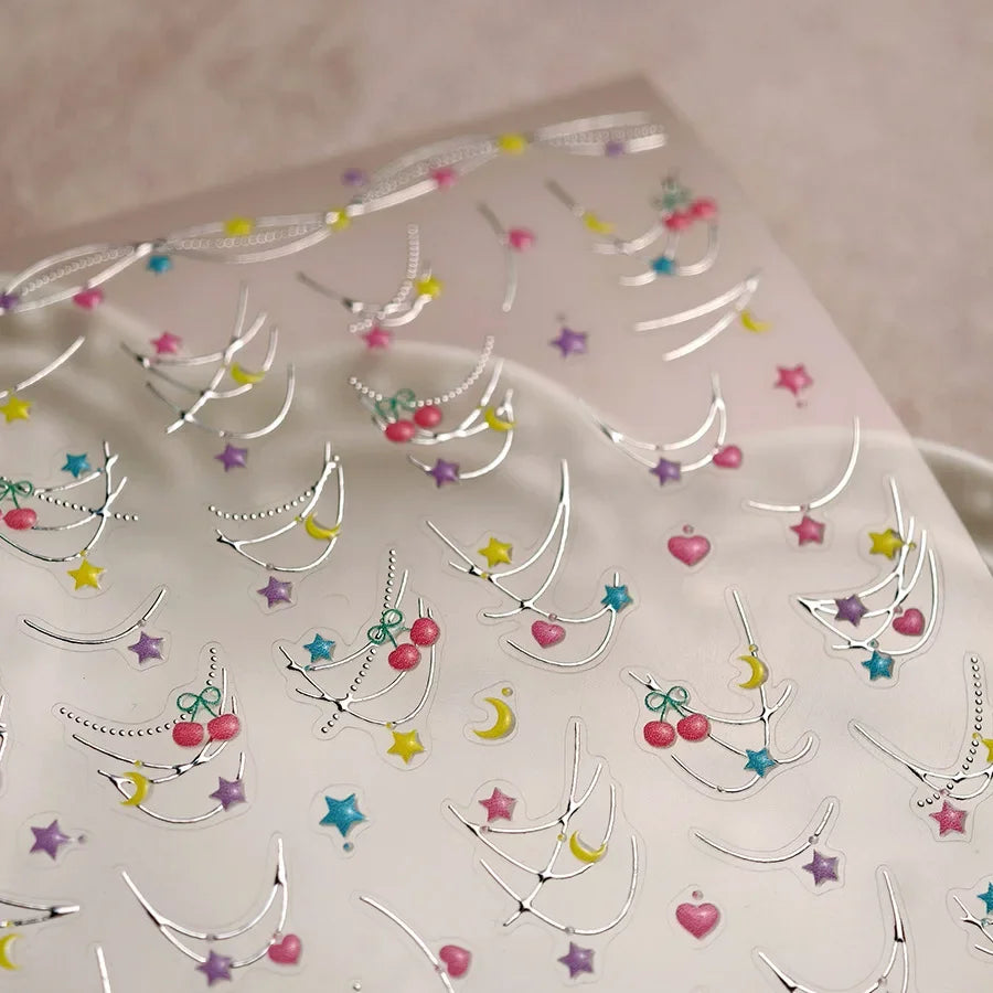 Grid Patterned Star Bowknot Cherry Polka Dot Line Colorful Geometric Five-pointed Star Adhesive Nail Art Sticker Manicure Decal