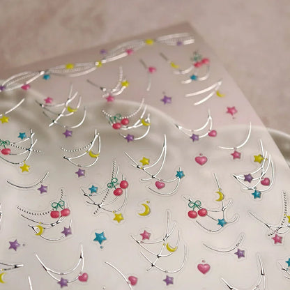 Grid Patterned Star Bowknot Cherry Polka Dot Line Colorful Geometric Five-pointed Star Adhesive Nail Art Sticker Manicure Decal