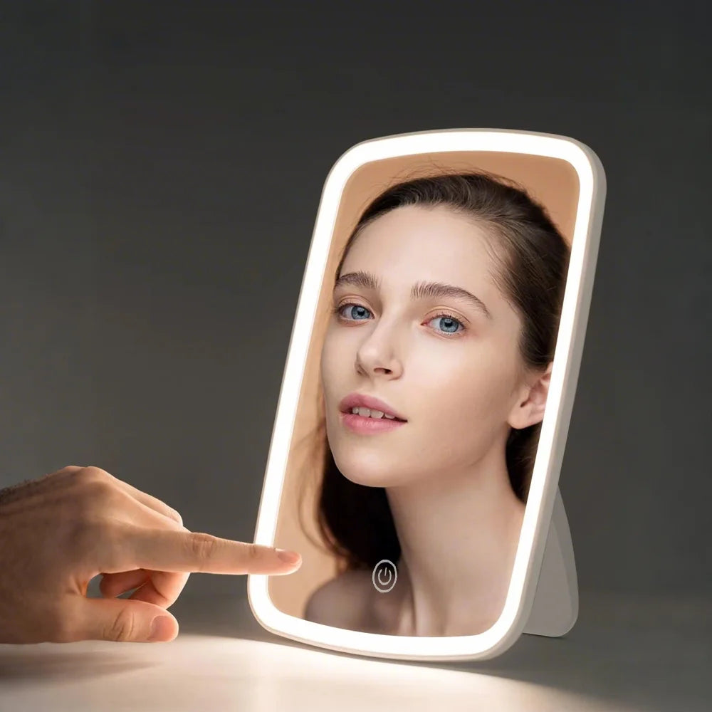 LED Makeup Mirror with Stand Desktop Folding Compact Square Travel Cosmetic Portable Lighted Vanity Mirror Touch Screen Tabletop