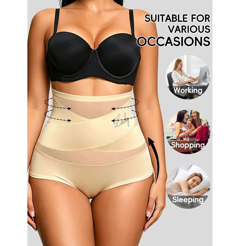 Hot Sale High Waisted Women's Panties Breathable Mesh Cross Tummy Cinching No Trace Triangle Panties Tummy Tuck Shaper