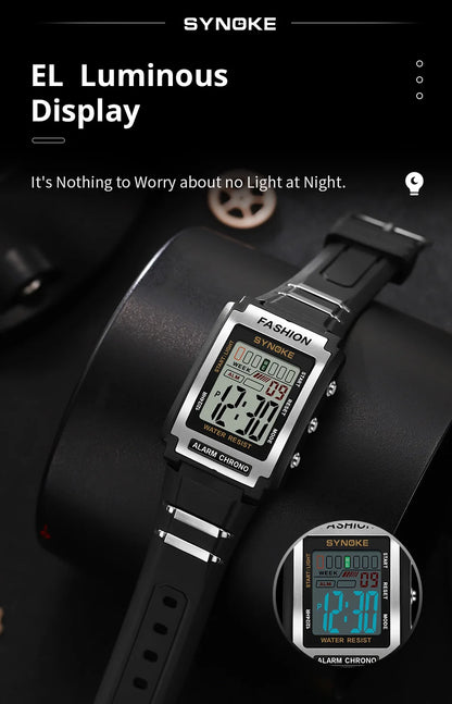 SYNOKE Men Rectangular Sports Electronic Watch Waterproof 50M Night Light Large Screen Alarm Clock Trend Retro Style