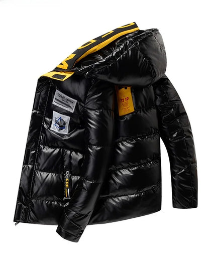 New Winter Men's down Jacket Thickened Short Bright Leather Fur Collar Warmth Anti-Cold Youth Short Stylish Polyester Fiber