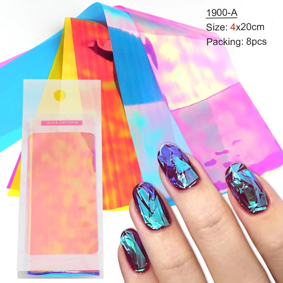 8/10pcs Holographic Aurora Film Nail Glass Foil Sparkly Ice Cube Transfer Paper Cellophane Sliders DIY Full Cover Manicure Wraps