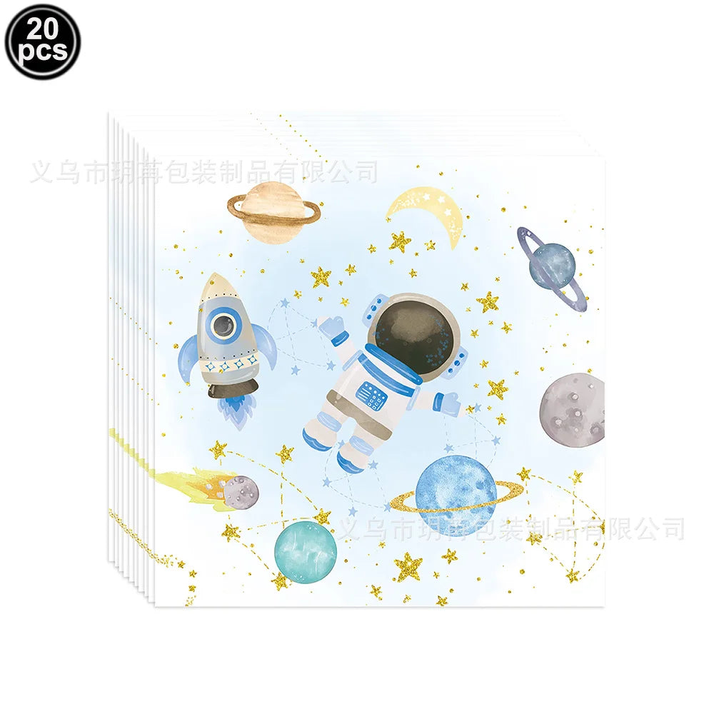 Blue Planet Astronaut Space Disposable Tableware Kids Birthday Table Decorations Paper Plate Cup Napkin Astronaut Rocket Balloon