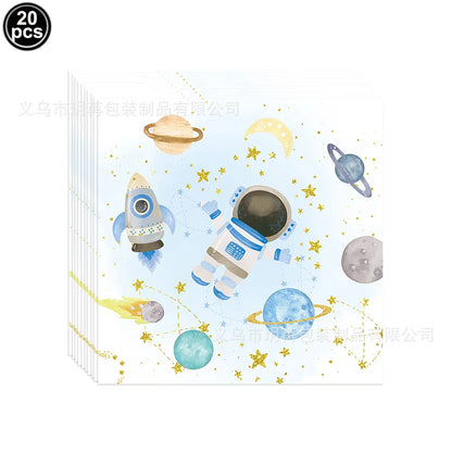 Blue Planet Astronaut Space Disposable Tableware Kids Birthday Table Decorations Paper Plate Cup Napkin Astronaut Rocket Balloon