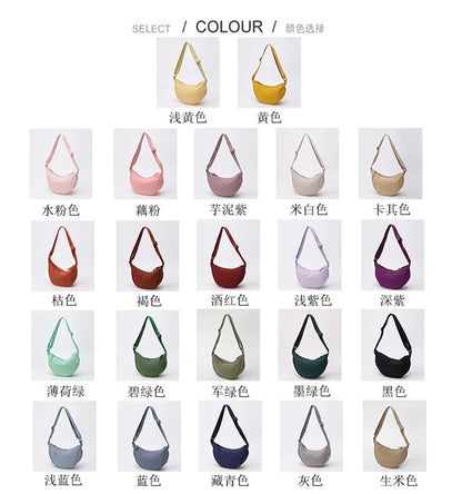 Nylon fabric zipper crossbody bag for men and women, crescent-shaped dumpling bag under the armpits, large capacity