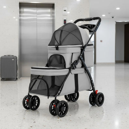 Double-Deck Pet Stroller Lockable Wheels Small Dog Feline Stroller Pet Transport Storage Pockets Removable Liner for Outdoor
