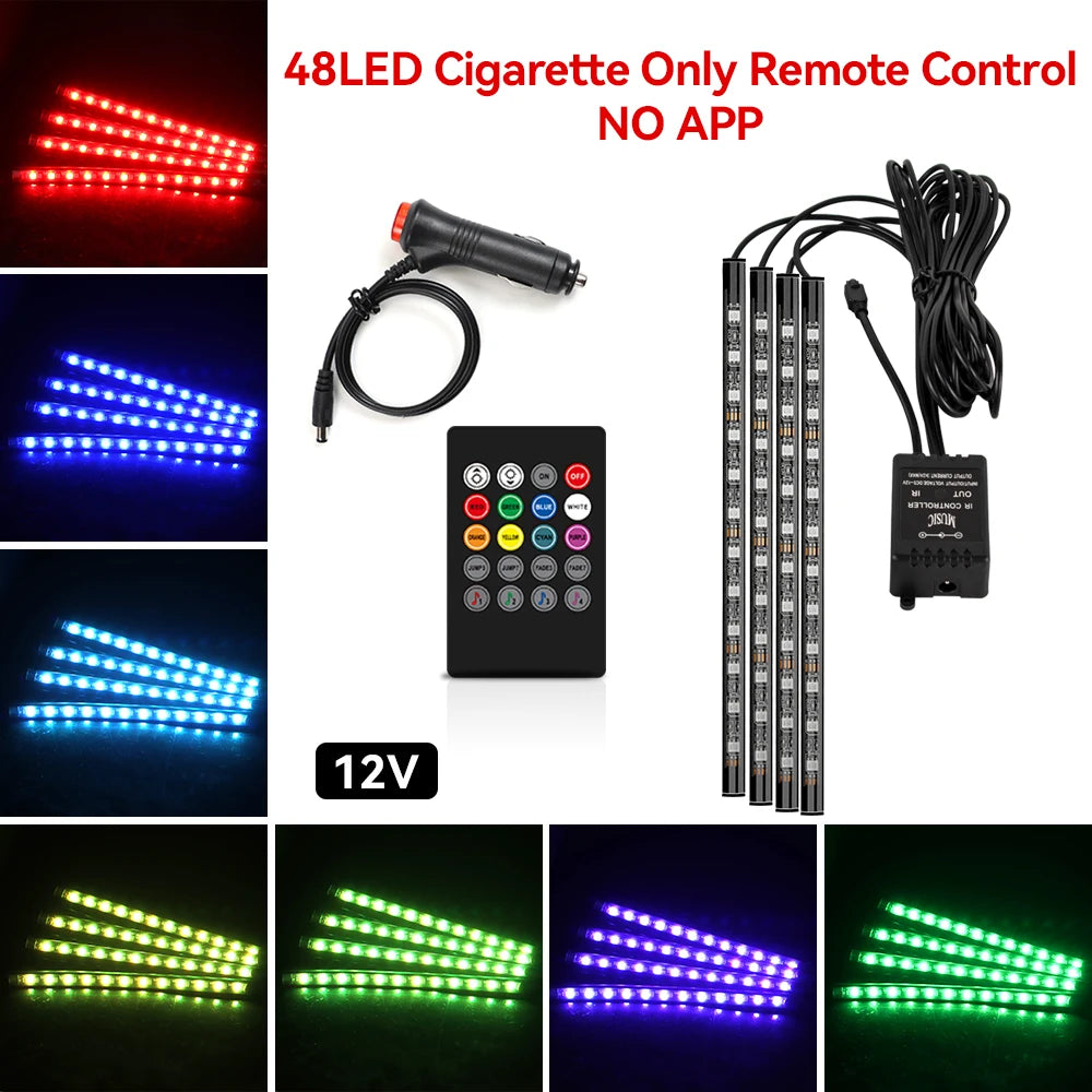Neon Car Interior Ambient Foot Light with USB Wireless Remote Music App Control RGB 48 LED Atmosphere Decorative Lamp