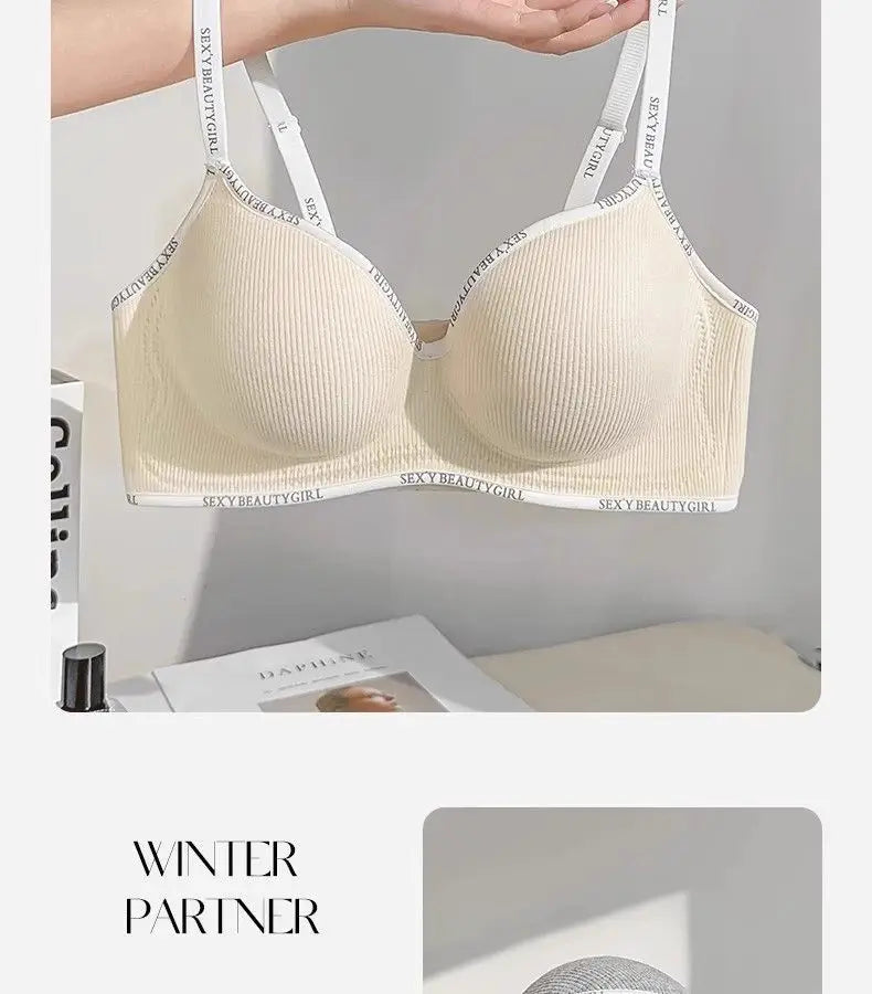 6cm Thickened Push-Up Bra for Small Chest Wireless No Steel Ring Letter Print Adjustable Straps Anti-Slip Pads Seamless Lingerie