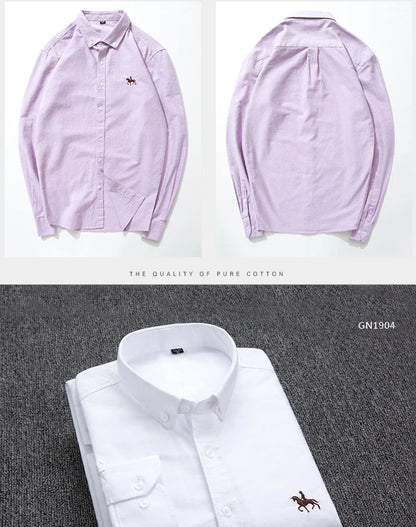 Casual Pure Cotton Oxford Mens Shirts Long Sleeve Embroidery Horse Design Regular Fit Fashion Button Man White Dress Shirt