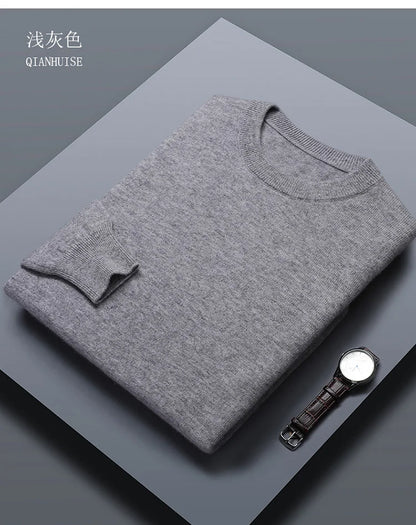 Classic Solid Color Men's O-neck Sweater Autumn Winter 100% Merino Wool Knitted Pullover Long Sleeve Warm Loose Casual Men Tops
