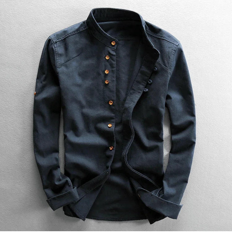 Japan Style Mens Linen Cotton Shirt Harajuku Stand Collar Long Sleeve Slim Fit Solid Color Male Casual Breathable Classical Tops