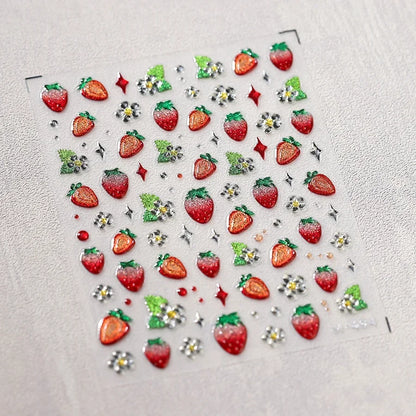 Lovely Red Fruit Strawberry Cherry Bowknot Love Heart Star Silk Ribbon 5D Nail Art Stickers Chic Self Adhesive Manicure Decal