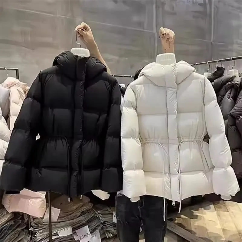 Fashion Cotton-Padded Jacket Women Autumn WinterNew Down Coat Female Parkas Hooded Drawstring Waist Thick Warm Overwear Lady Top