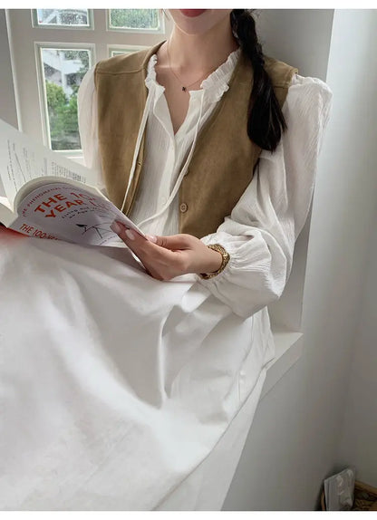 Retro Vests Women V-neck Single Breasted All-match Korean Style Spring Autumn Layering Outerwear Cozy Vintage Loose Comfortable