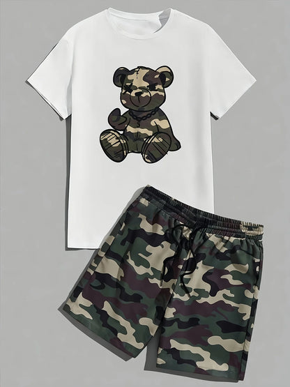 2026 Summer Casual Short-Sleeve Fashionable Breathable Sports Set Loose-Fit Quick-Dry Men's Short-Sleeve Hip-Hop Bear Print Set
