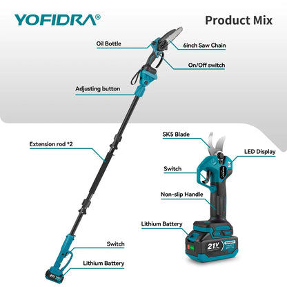 YOFIDRA 3IN1 Brushless Electric Chainsaw Telescoping Pole High Branch Saw Woodworking Pruning Power Tool  Makita 21V Battery Pin