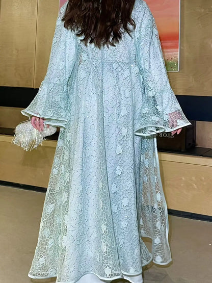 Muslim Women Abaya Dress 2 Piece Set Flare Sleeve Lace Sequin Satin Morocco Caftan Dress Musulman Ensembles Cadigan Outfit Suits