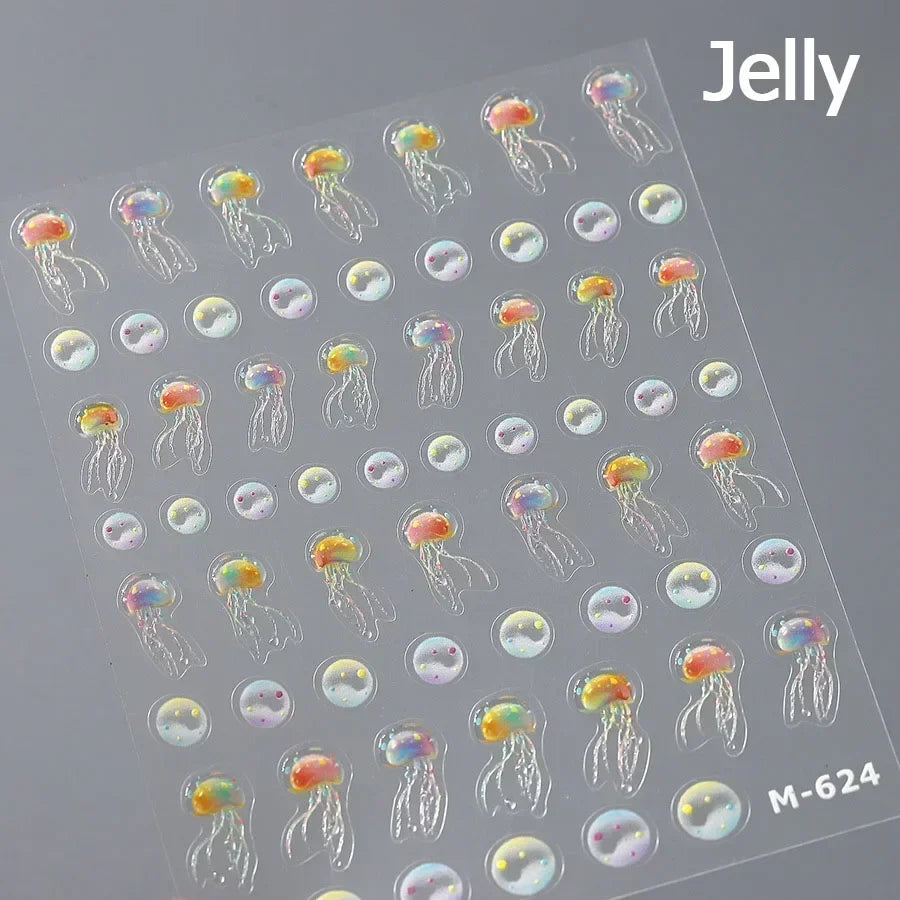 Colorful Bagful Jellyfish Bubbles Swimming Rings Rainbow Stars Ocean Starfish Self Adhesive 5D Nail Art Sticker Manicure Decal
