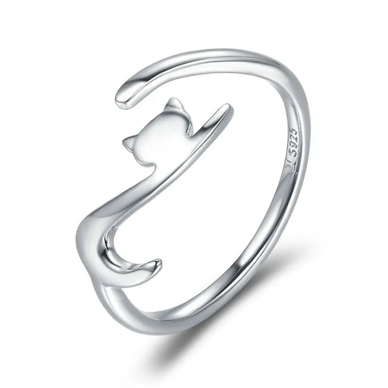 BAMOER 100% 925 Sterling Silver Sticky Cat with Long Tail Finger Ring Women Ring Adjustable Engagement Ring Jewelry SCR220