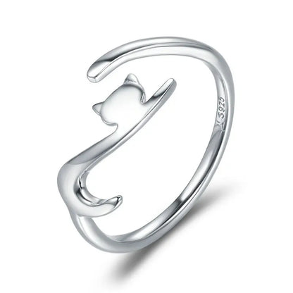 BAMOER 100% 925 Sterling Silver Sticky Cat with Long Tail Finger Ring Women Ring Adjustable Engagement Ring Jewelry SCR220