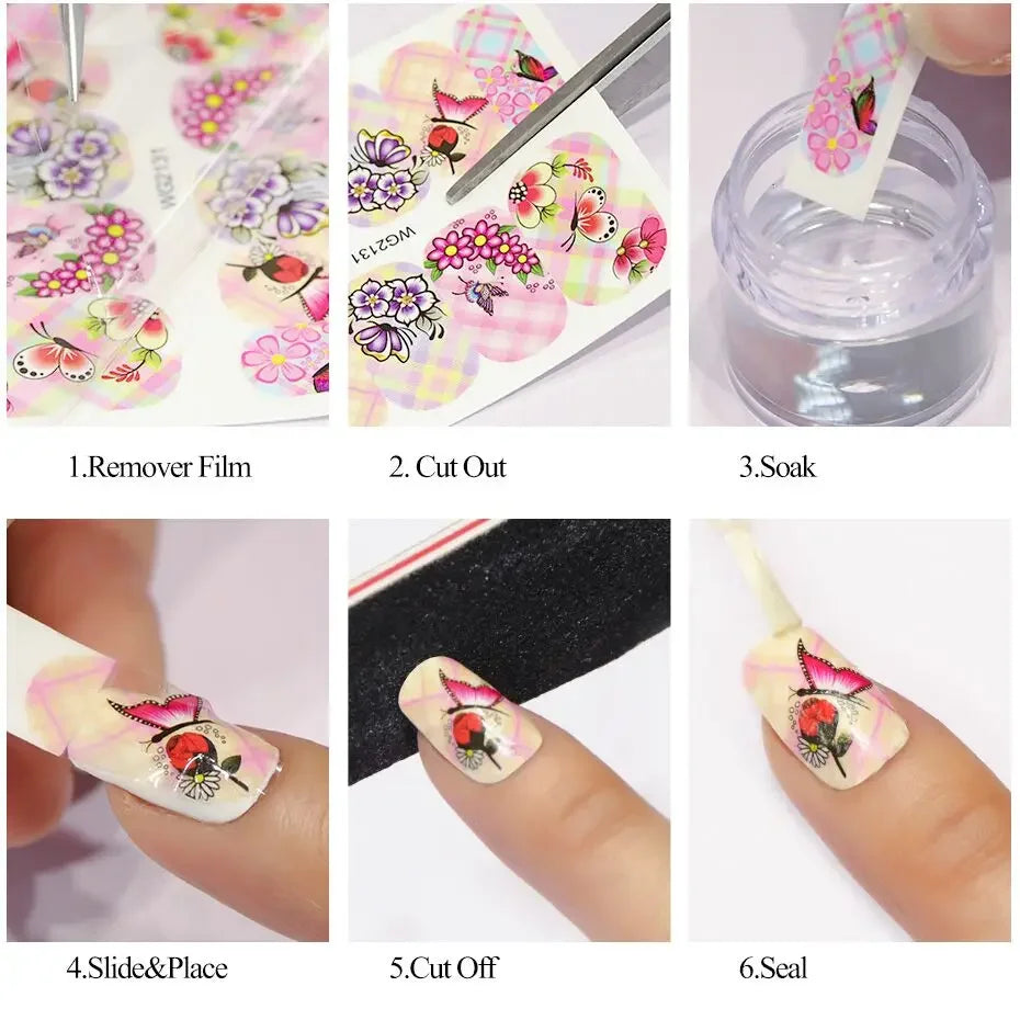 12 Design Ink Flowers Water Transfer Nail Stickers Decals Patchwork Animal Bear Nail Sliders for Women DIY Manicure Decorations