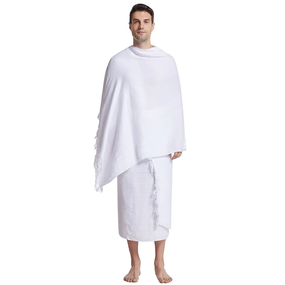 2Pcs Ihram Pilgrimage Towel For Muslim Arab Mecca Hajj Clothes Men Islamic Ramadan Prayer Worship Costumes Shawl Jubba SetThobe