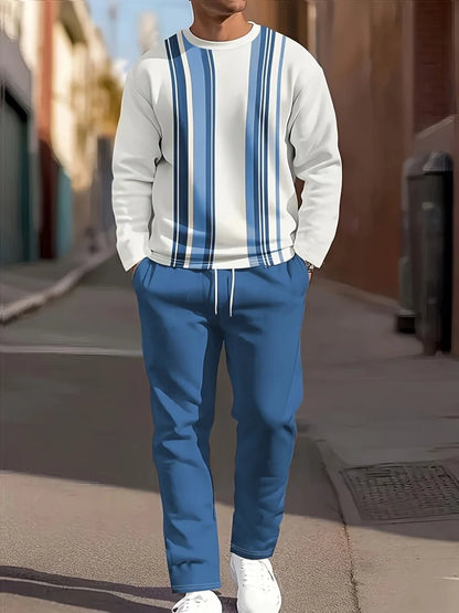 Autumn Casual Men's Long-Sleeve Set Trendy Gradient Print Outdoor Crew Neck Long-Sleeve Top & Casual Pants Two-Piece Set