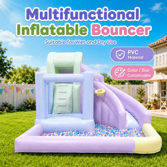 Pastel Macaron Inflatable Bouncer with Water Slide and Ball Pit PVC Wet Dry Bouncy Castle with Basketball Hoop for Kids Party