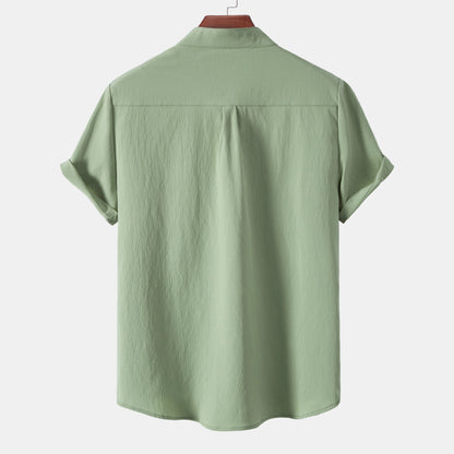 2026New men's short sleeved solid color standing collar cardigan casual shirt for foreign trade