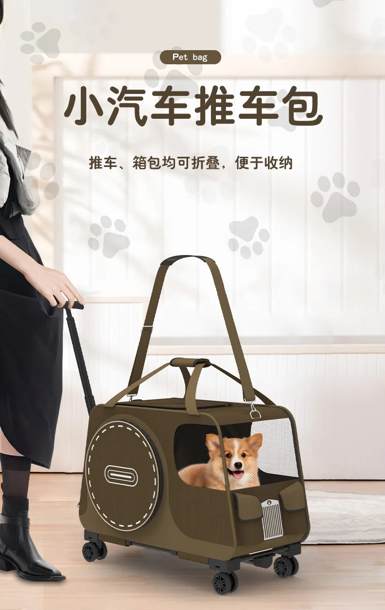 Portable Pet Rolling Carrier Foldable Small Dog Outdoor Stroller Detachable Single Shoulder Cat Handbag For Travel
