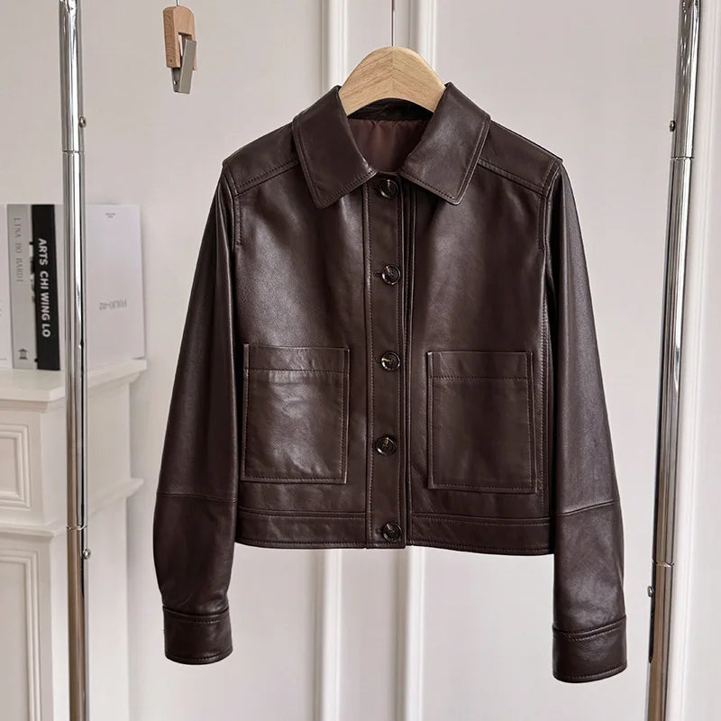 British Style Lapel Genuine Leather Jackets for Women Fashion Single-breasted Pockets Female Brown Casual Short Sheepskin Jacket