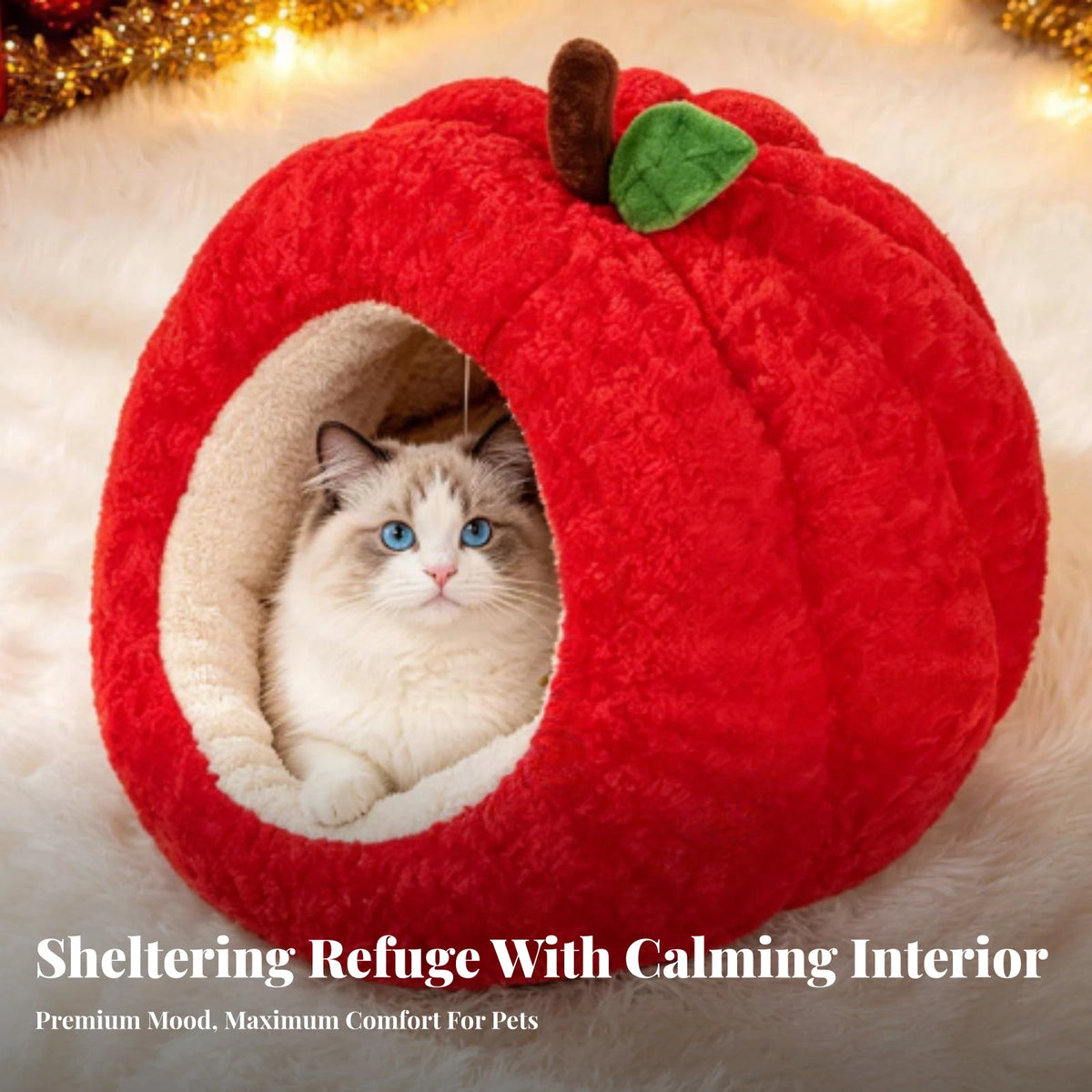 Apple-Shaped Pet Bed Cozy Enclosed Pet Bed with Removable Cushion Hideaway Cat House Warm Cat House with Cushion Soft for Cats