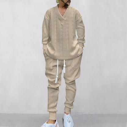 2025 Cross-border New Men's Casual Trousers V-Neck Versatile Jacquard Knitted Sweater Set