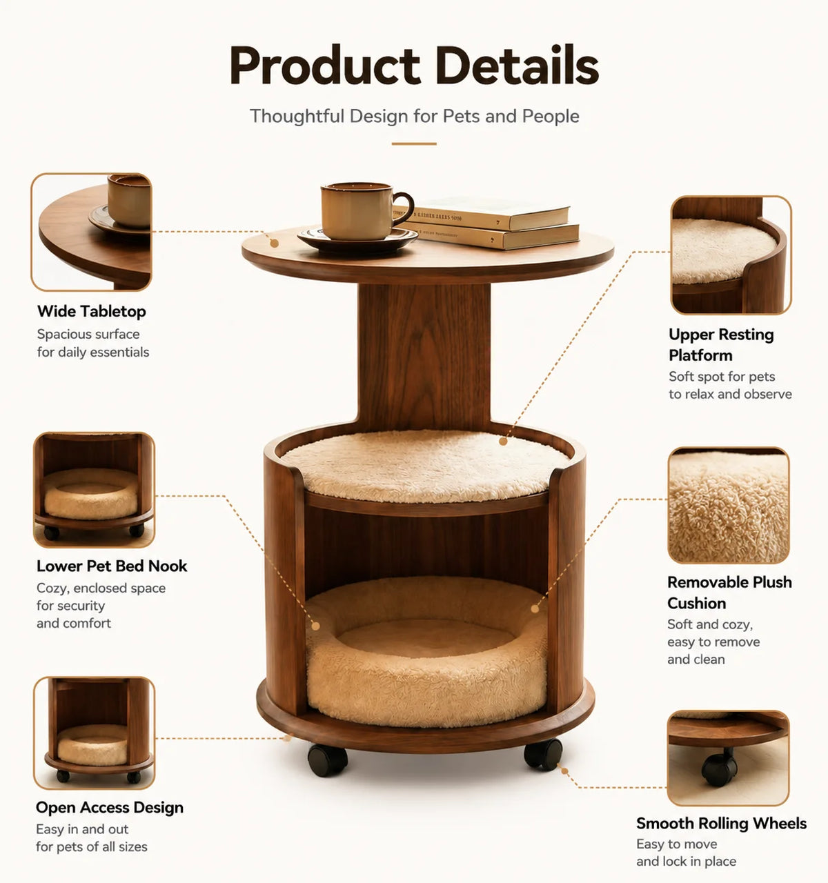 Wooden Pet Side Table Bed Combo with Removable Plush Cushion Smooth Rolling Casters for Cats Small Dogs Home Furniture