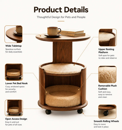 Wooden Pet Side Table Bed Combo with Removable Plush Cushion Smooth Rolling Casters for Cats Small Dogs Home Furniture