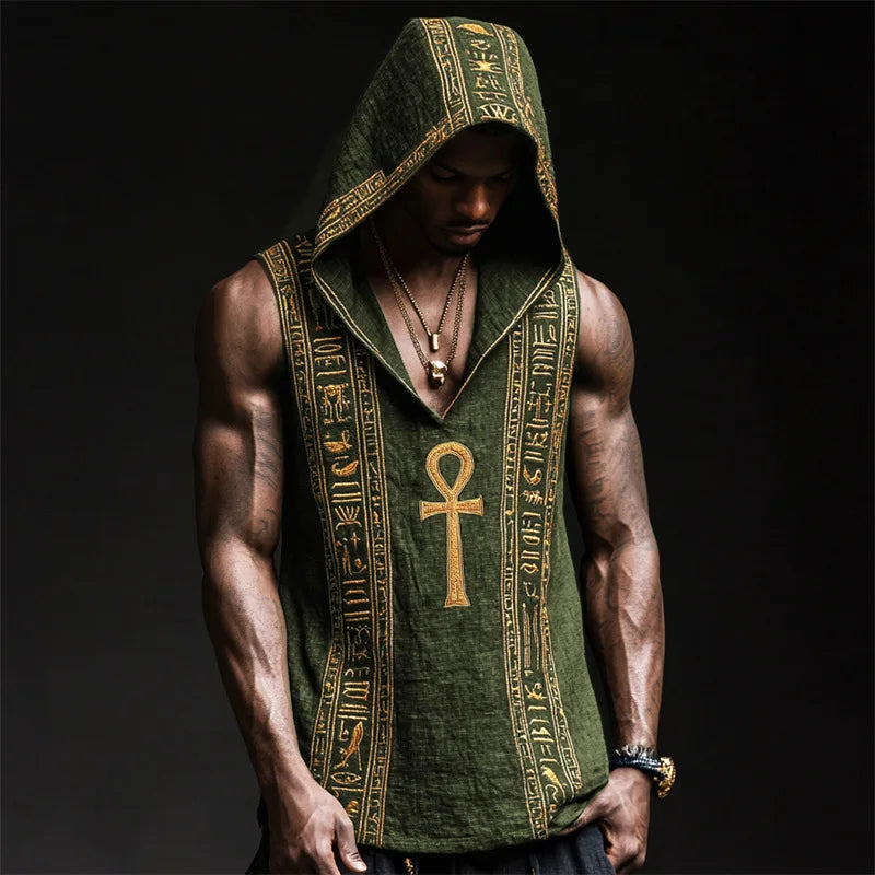 Ethnic Men's Summer Sleeveless linen Casual Pullover Hoodie Top 2025 Vintage Print V-neck Trendy Perspective Hoodie Sweatshirt
