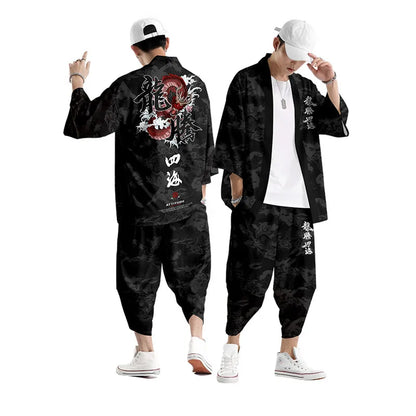 Large Size 5XL 6XL Japanese Kimono Cardigan Pants Set Print Fox Men Women Shirt Tradition Yukata Haori Obi Cosplay Costume