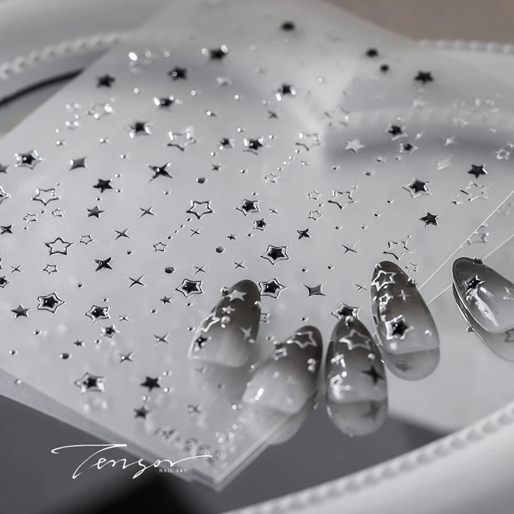 5D Luxury Star Nail Stickers for Nail Art Stars Black Silver Nail Decals Gilding Hollow Out Five-Pointed  Nail Art Design Slider
